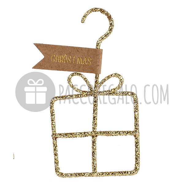 Decorazione natalizia Pacco Regalo in metallo glitter oro (cm 3,5 x 8)