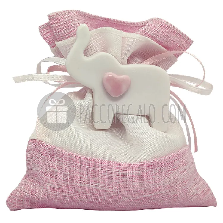 Sacchetto portaconfetti con calamita Elefante porcellana cuore rosa (cm 10 x 12)