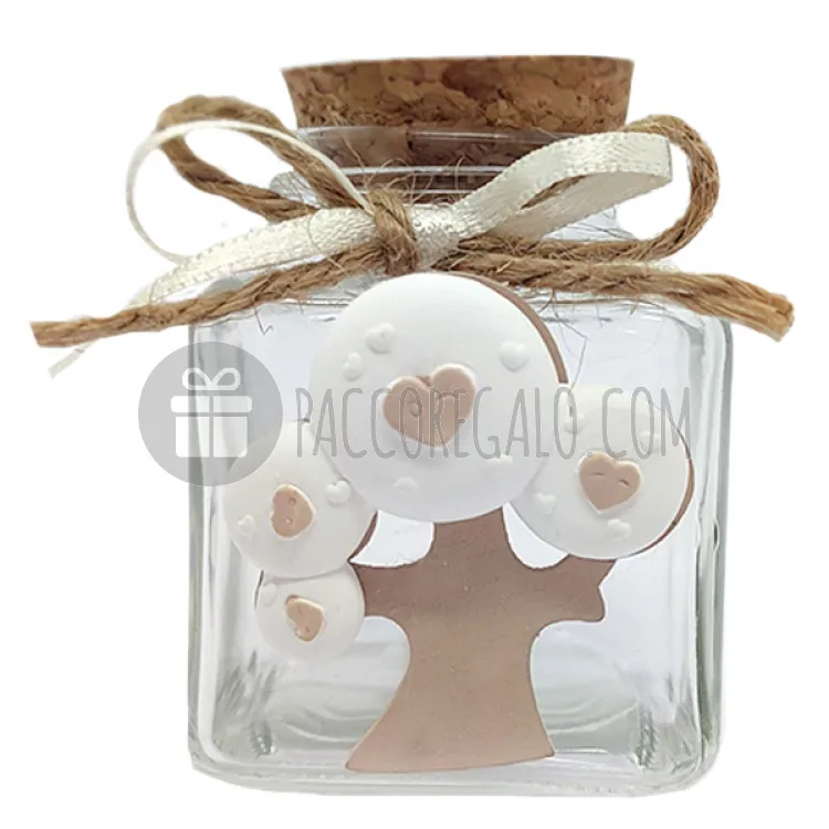 Vasetto cubo in vetro con tappo in sughero "Albero Bianco e tortora" (cm 5 x 5 x 6)