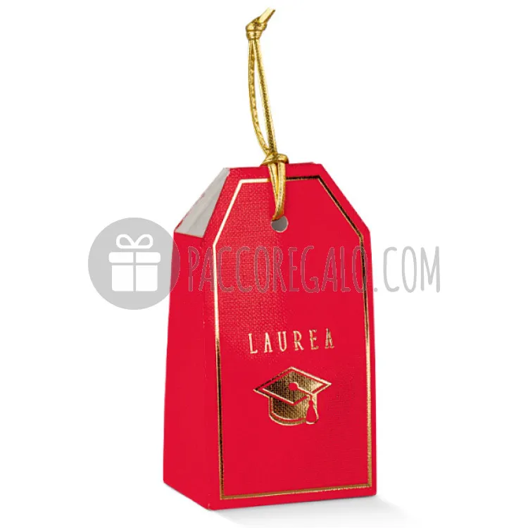 Scatola tag in cartoncino rosso "Laurea" con tocco in oro a caldo (10pz)