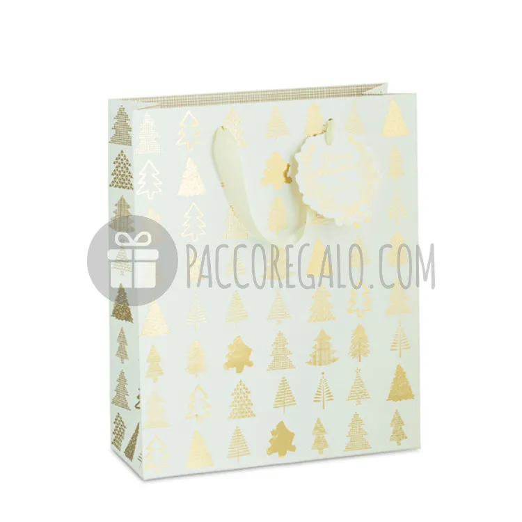 Mini shopper natalizia bianca e oro con manici in tessuto e tag - Albero di Natale
