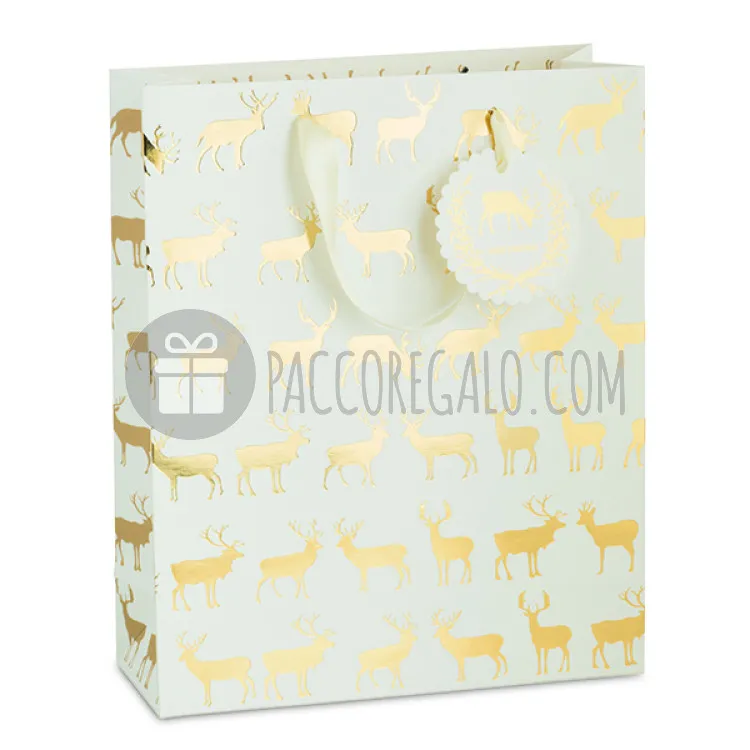 Shopper natalizia bianca e oro con manici in tessuto e tag - Pattern Renne (cm 17,5+7,5x23)
