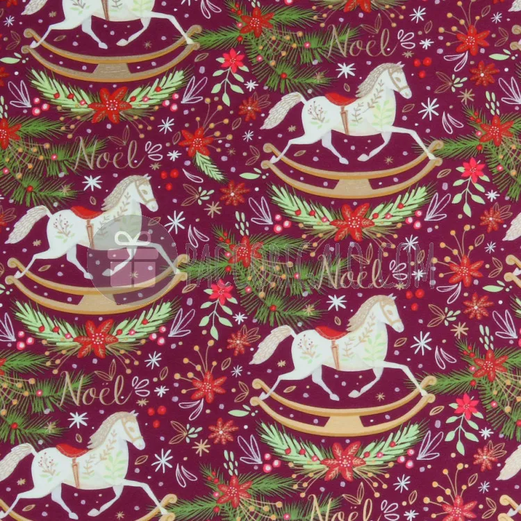 Rotolo di carta regalo "ROCKING HORSE NOEL" su fondo bordeaux (cm 70 x 10 mt)