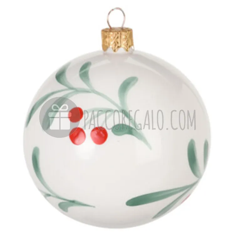 Pallina di Natale in vetro bianco con Bacche e foglie - dipinta a mano