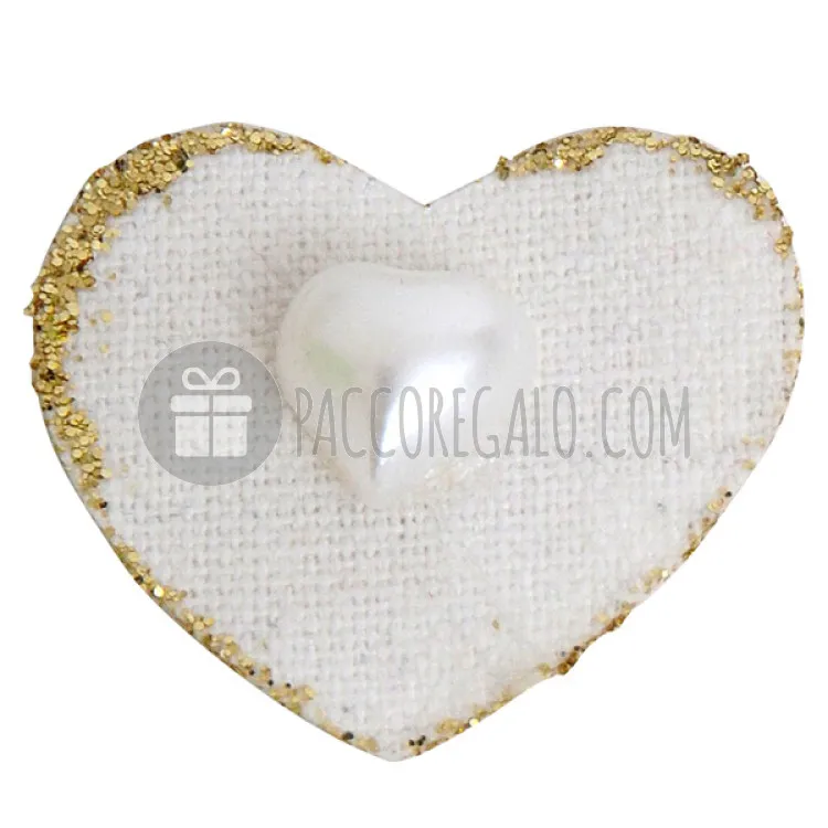 Cuori in lino adesivo con perla e glitter oro (6pz)