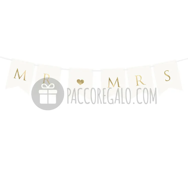 Banner sposi bandierine bianche con scritta dorata "Mr and Mrs"-34
