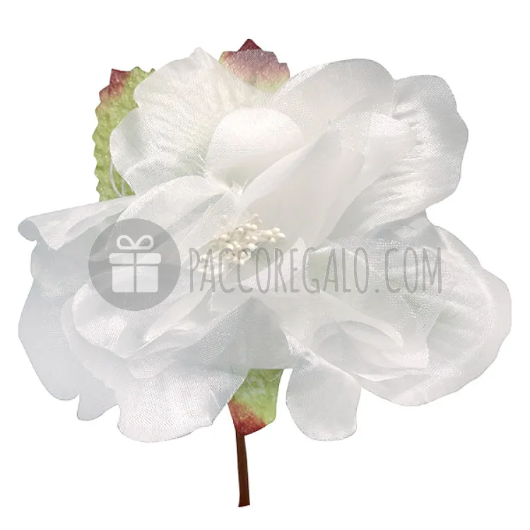 Pick Fiore Peonia grande con pistilli e foglie Colore Bianco-34