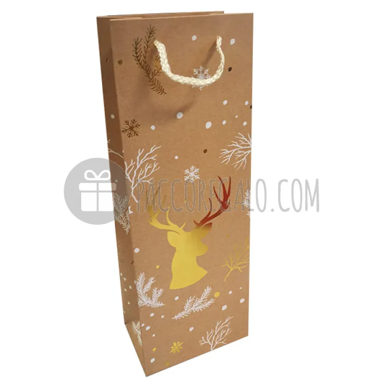 Shopper Portabottiglia natalizia "Renna" con stampa gold foil e manico in corda