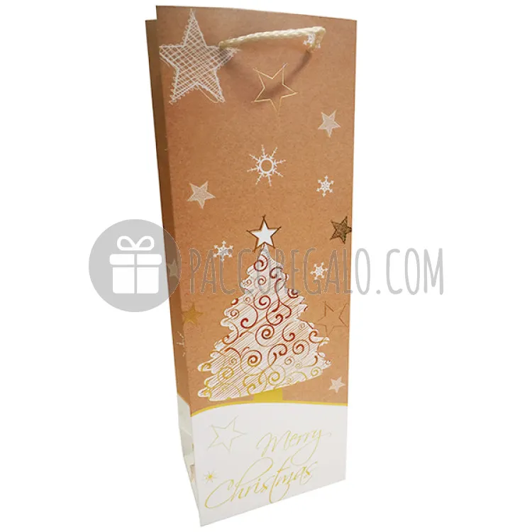 Shopper Portabottiglia natalizia "Albero di Natale" con stampa gold foil e manico in corda