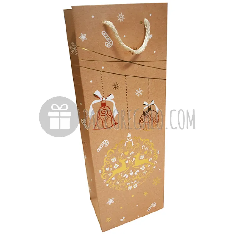 Shopper Portabottiglia natalizia "Campane" con stampa gold foil e manico in corda
