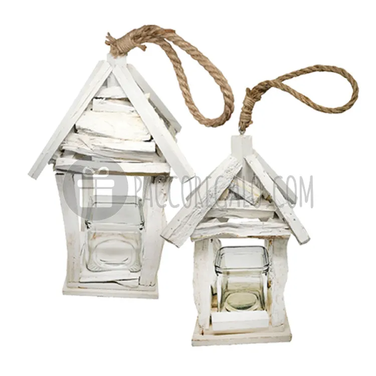 Lanterna in legno bianco con vaso in vetro (due dimensioni)