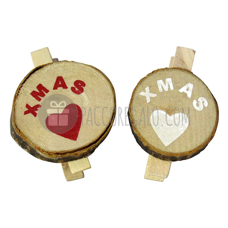 Mollette in legno "Ceppo" con scritta XMAS e Cuore