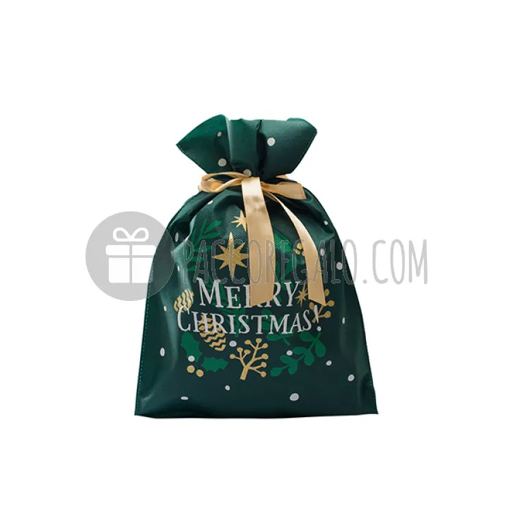 Sacchetto TNT "Merry Christmas" VERDE con tiranti in rasetto dorato (cm 20x30) 