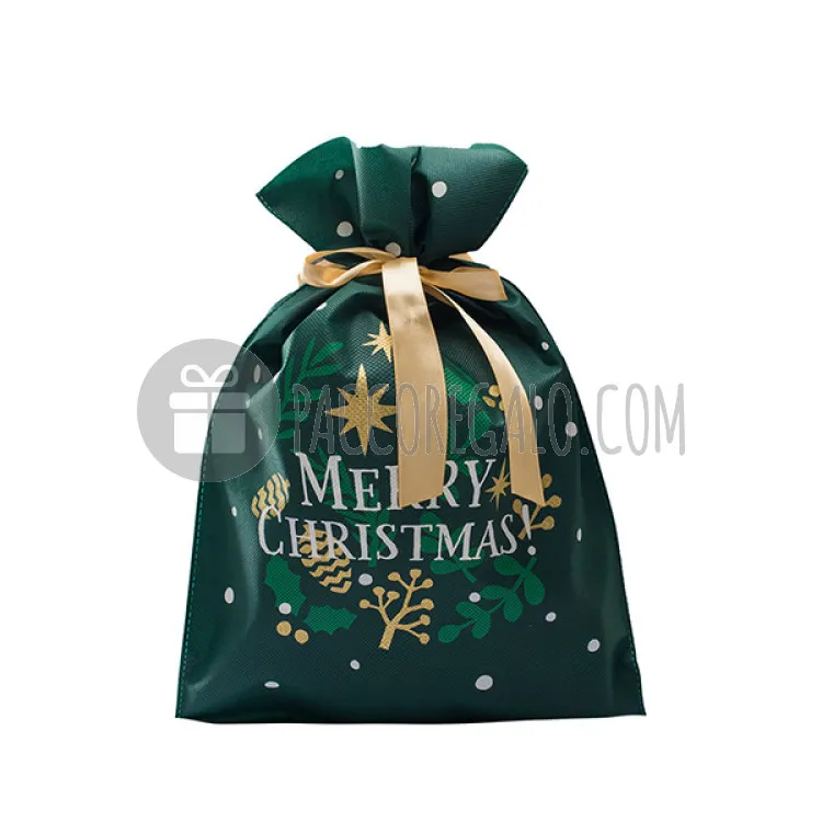 Sacchetto TNT "Merry Christmas" VERDE con tiranti in rasetto dorato (cm 30X45)