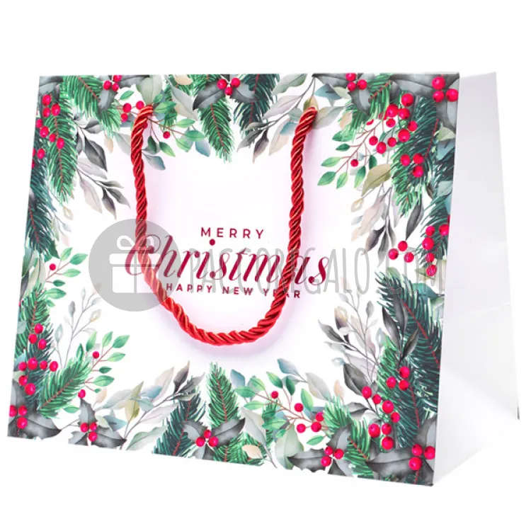 Shopping bags AGRIFOGLIO VERDE con tag e manici in corda "MERRY CHRISTMAS" (cm 39 + 15 x 29