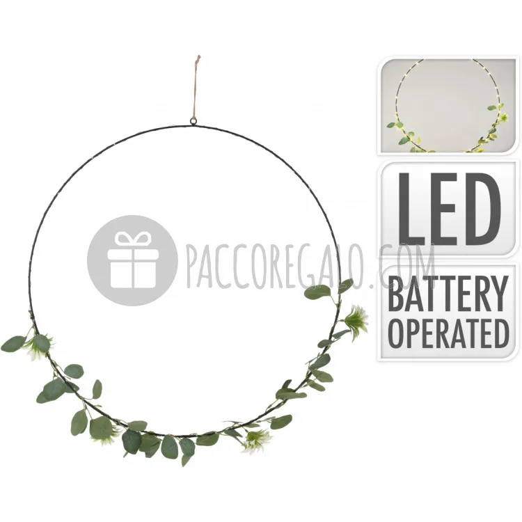 Cerchio decorativo con foglie e luci led (62cm)