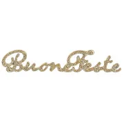 Decorazione scritta in legno glitter champagne "Buone Feste" (cm 12x2)