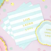 Tovaglioli in carta a righe azzurre "Live, Love, Laugh"