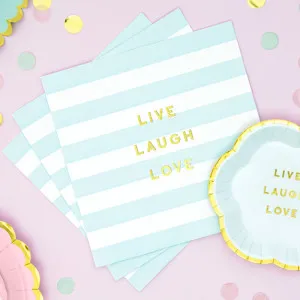 Tovaglioli in carta a righe azzurre "Live, Love, Laugh"