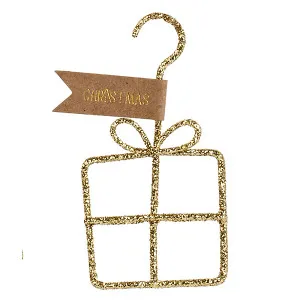 Decorazione natalizia "Pacco Regalo" in metallo glitter oro (cm 3,5 x 8)