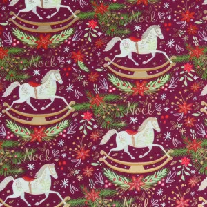Rotolo di carta regalo "ROCKING HORSE NOEL" su fondo bordeaux (cm 70 x 10 mt)