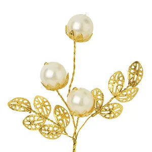 Decorazione pick 3 perle con gambo e foglie oro (12 pz)