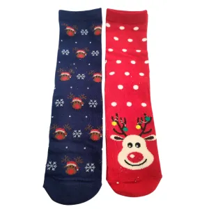 Set 2 paia di calzini natalizi "RENNE" rosso e blu