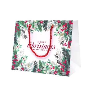 Shopping bags AGRIFOGLIO VERDE con tag e manici in corda "MERRY CHRISTMAS"  (cm 24 + 14 x 19,5)